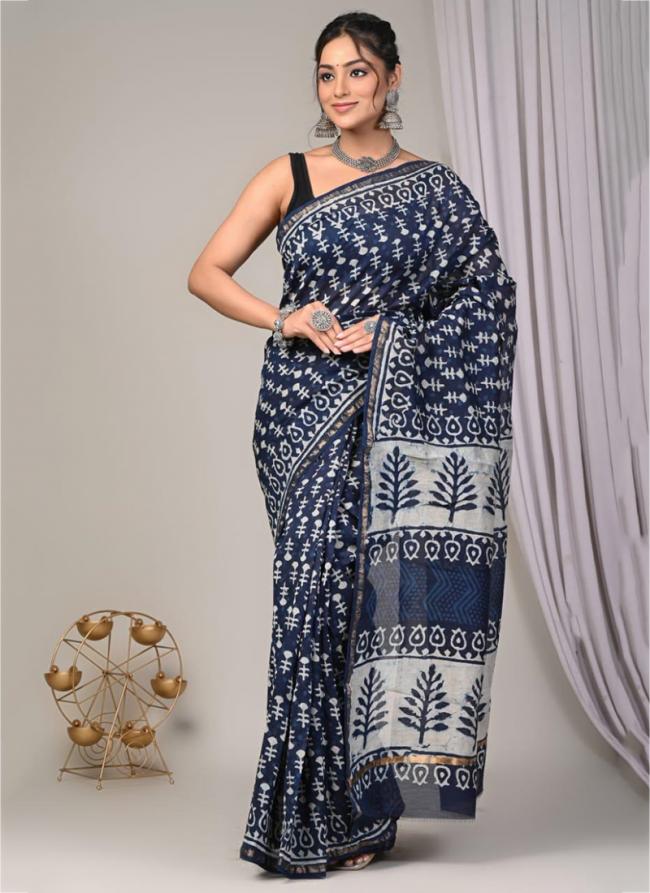 Chanderi Silk Navy Blue Festival Wear Block Printed Saree